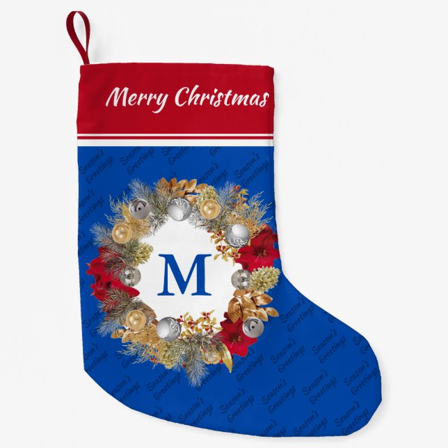 Christmas Wreath MONOGRAM Cobalt Blue Small Christmas Stocking (Front)