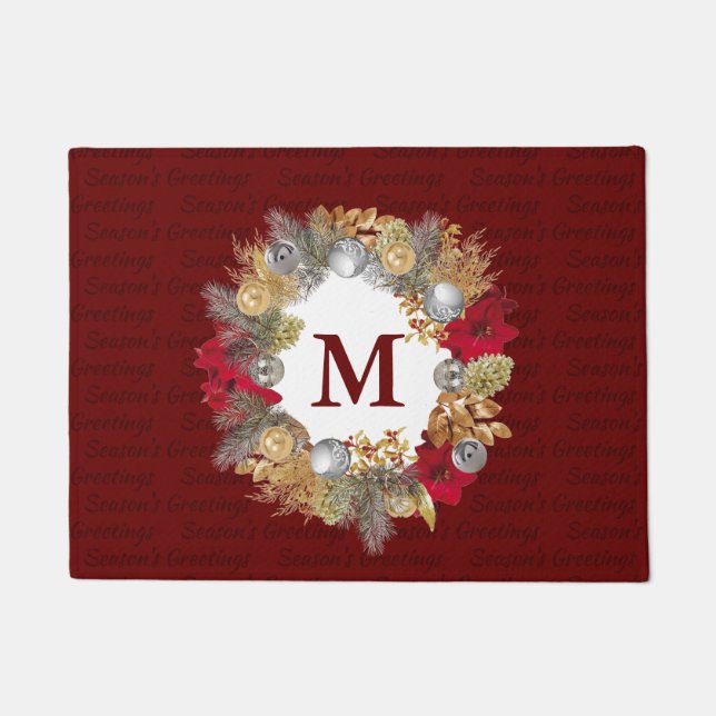 Christmas Wreath MONOGRAM Decorative BURGUNDY Doormat (Front)