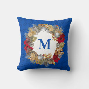 Christmas Wreath MONOGRAM Deep Blue Throw Pillow