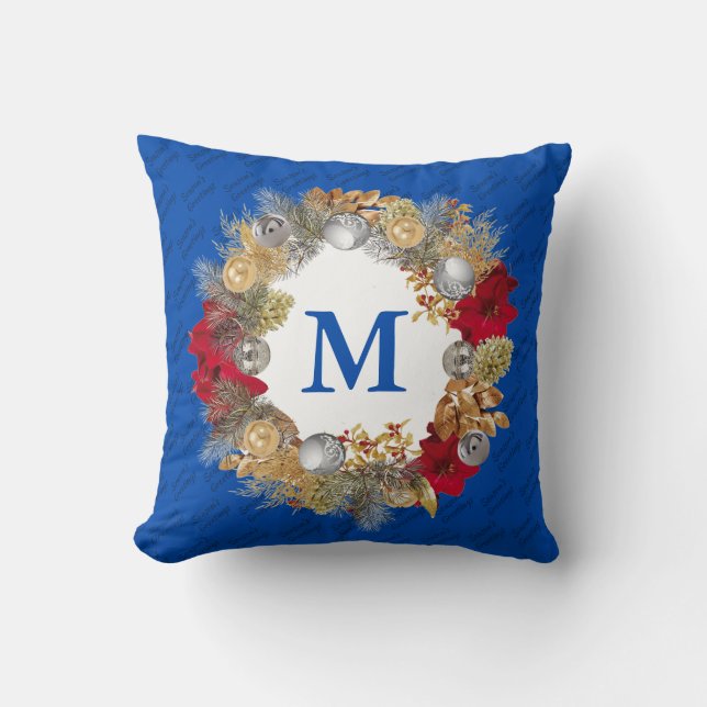 Christmas Wreath MONOGRAM Deep Blue Throw Pillow (Front)