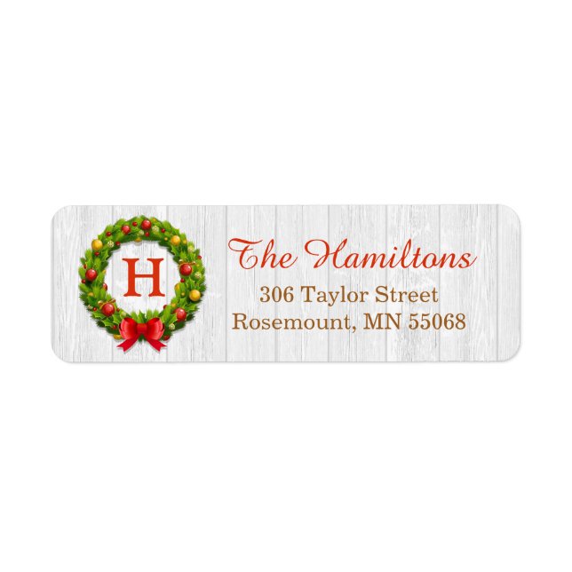 Christmas Wreath Monogram Family Holiday Blessing Label (Front)