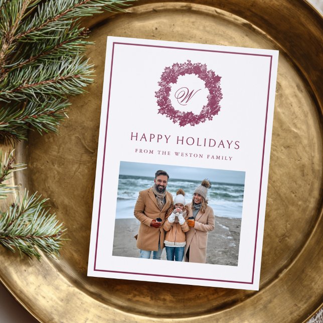 Christmas Wreath Monogram Festive Holiday Letterpress Photo Cards (Creator Uploaded)