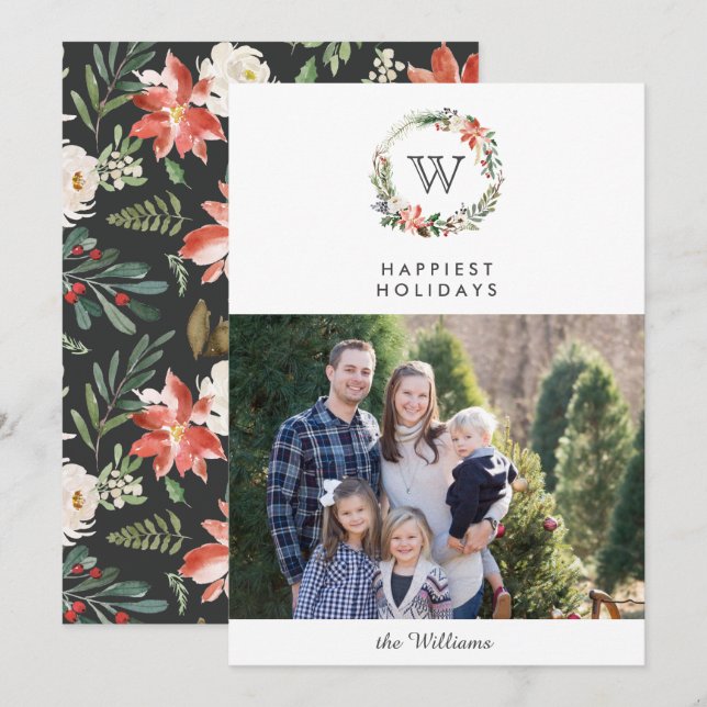 Christmas Wreath Monogram Holidays photo | white Invitation (Front/Back)