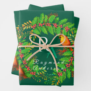Christmas Wreath Monogram Hunter Green Wrapping Paper Sheets