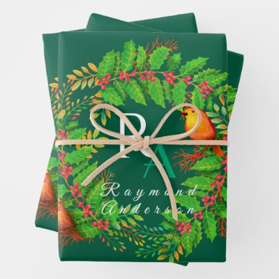 Christmas Wreath Monogram Hunter Green Wrapping Paper Sheets