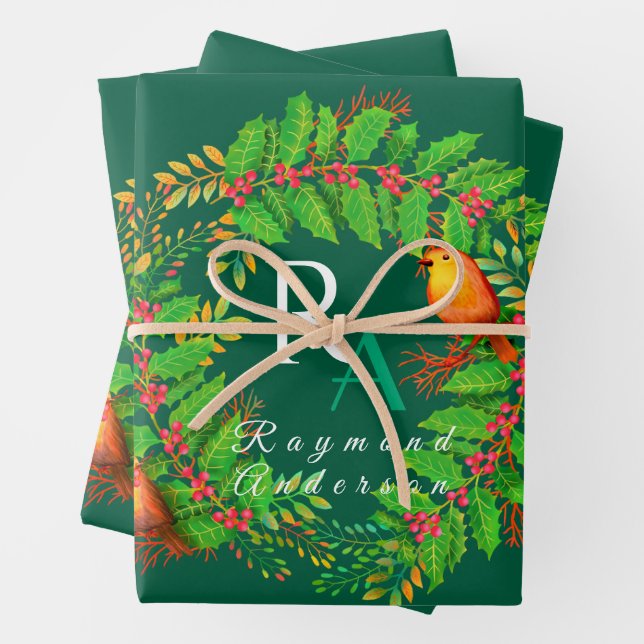 Christmas Wreath Monogram Hunter Green Wrapping Paper Sheets (In situ)