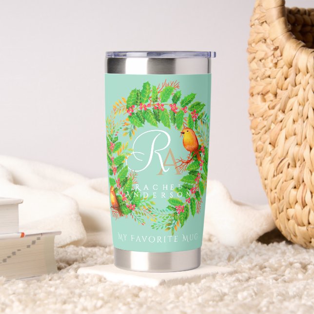 Christmas Wreath Monogram Light Teal Insulated Tumbler (Living Room)
