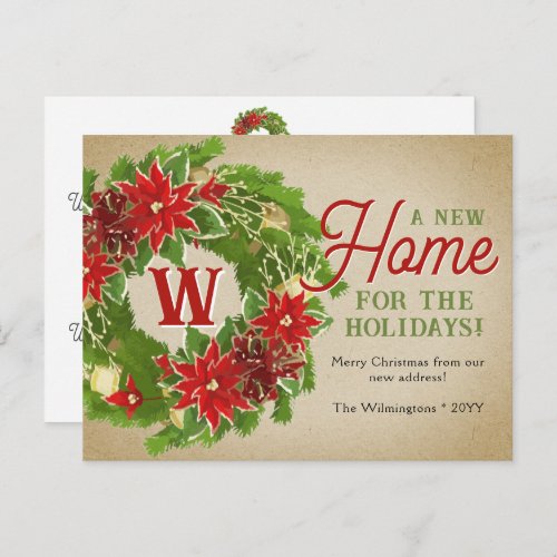 Christmas Wreath Monogram Moving Announcement Postcard