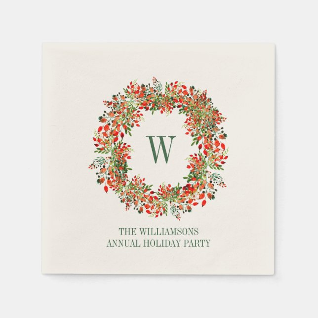Christmas Wreath Monogram Name Holiday Party Napkins (Front)
