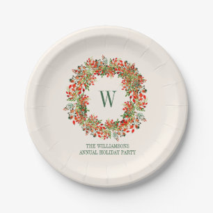 Christmas Wreath Monogram Name Holiday Party Paper Plates