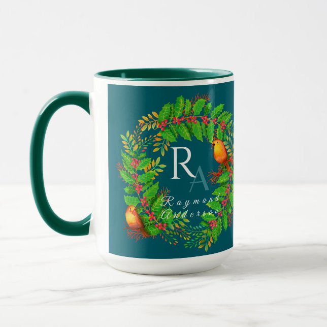 Christmas Wreath Monogram Ocean Blue Mug (Left)