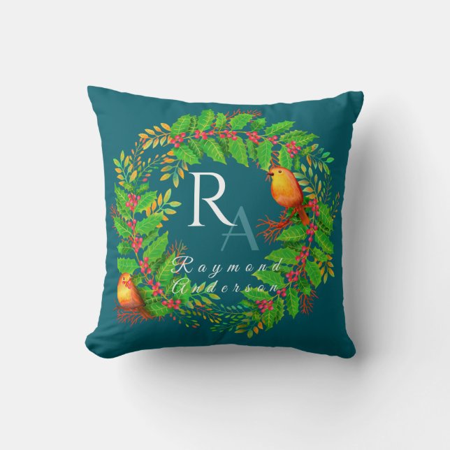 Christmas Wreath Monogram Ocean Blue Throw Pillow (Front)