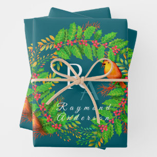 Christmas Wreath Monogram Ocean Blue Wrapping Paper Sheets