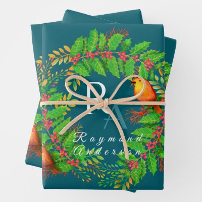 Christmas Wreath Monogram Ocean Blue Wrapping Paper Sheets