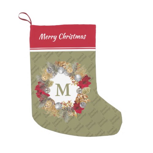 Christmas Wreath MONOGRAM Olive Green Small Christmas Stocking