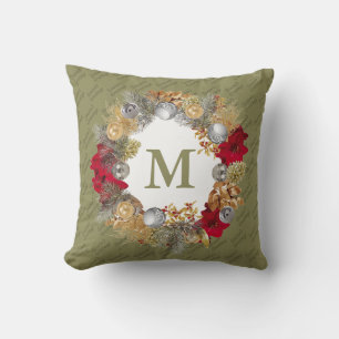 Christmas Wreath MONOGRAM Olive Green Throw Pillow