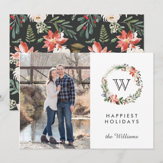 Christmas Wreath Monogram Photo Holidays | White Invitation (Front/Back)