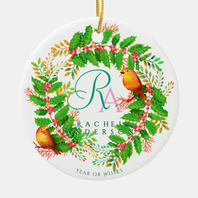 Christmas Wreath Monogram Photo White Ceramic Ornament (Front)