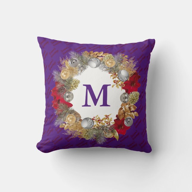 Christmas Wreath MONOGRAM Purple Throw Pillow (Front)