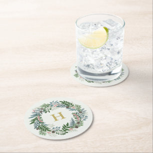 Christmas Wreath Monogram Round Paper Coaster
