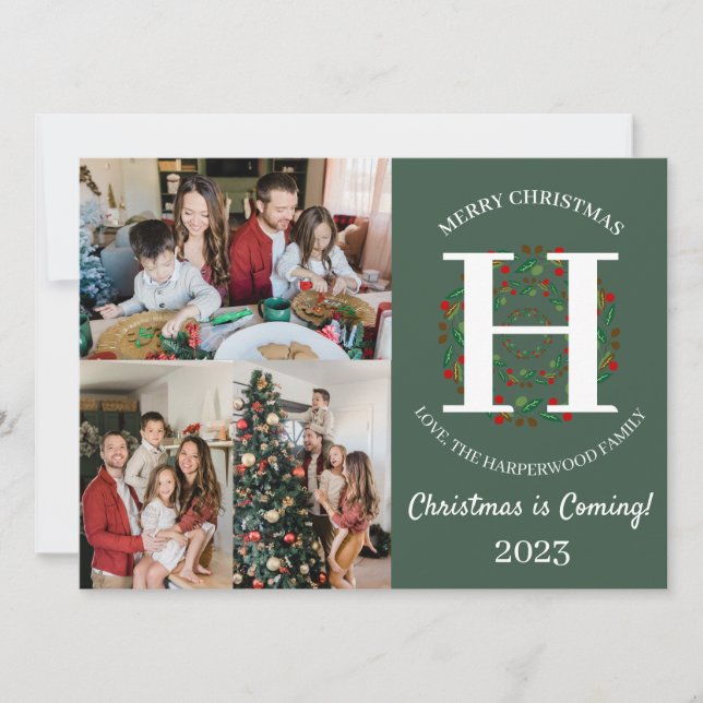  Christmas Wreath Monogram Script Family Photo  Holiday Card (Front)