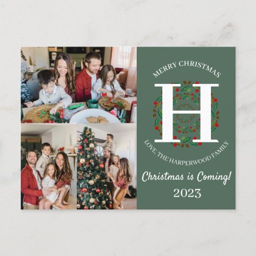  Christmas Wreath Monogram Script Family Photo  Holiday Postcard