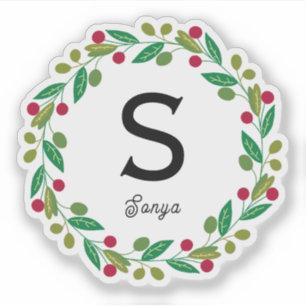 Christmas Wreath Monogram, Vinyl Cut Sticker