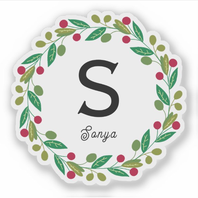 Christmas Wreath Monogram, Vinyl Cut Sticker (Front)