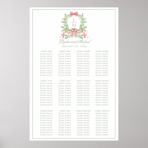 Christmas Wreath Monogram Wedding Seating Chart