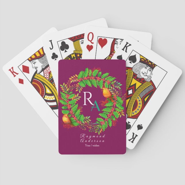 Christmas Wreath Monogram Wine Poker Cards (Back)