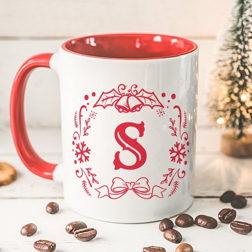 Christmas Wreath Monogram Winter Red Holiday Mug