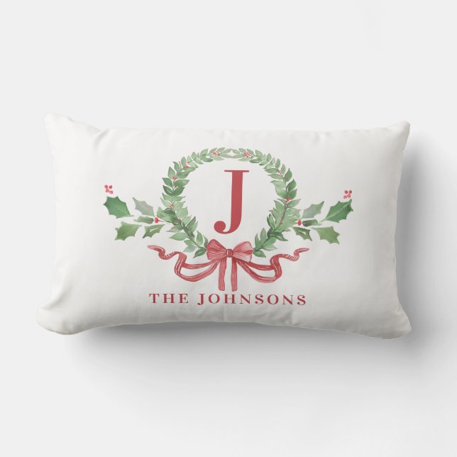 Christmas Wreath Monogram With Name Lumbar Pillow (Front)
