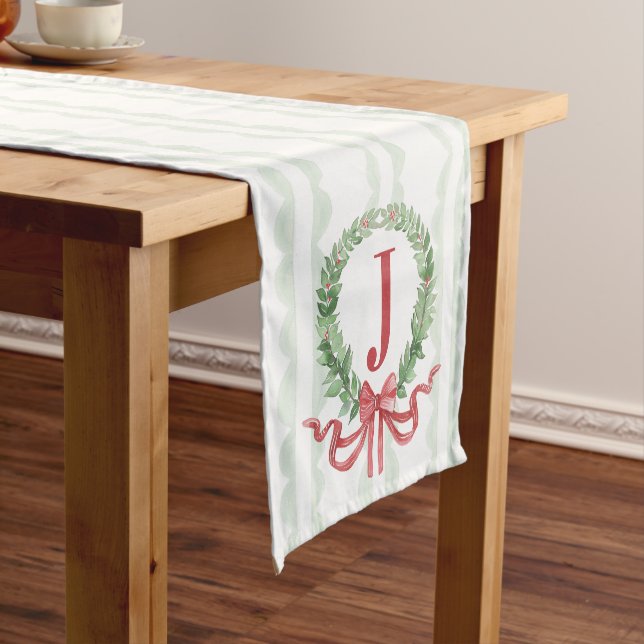 Christmas Wreath Monogram With Name Short Table Runner (In Situ)