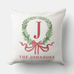 Christmas Wreath Monogram With Name Throw Pillow