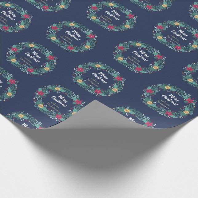 Christmas Wreath Navy Personalized Wrapping Paper (Corner)