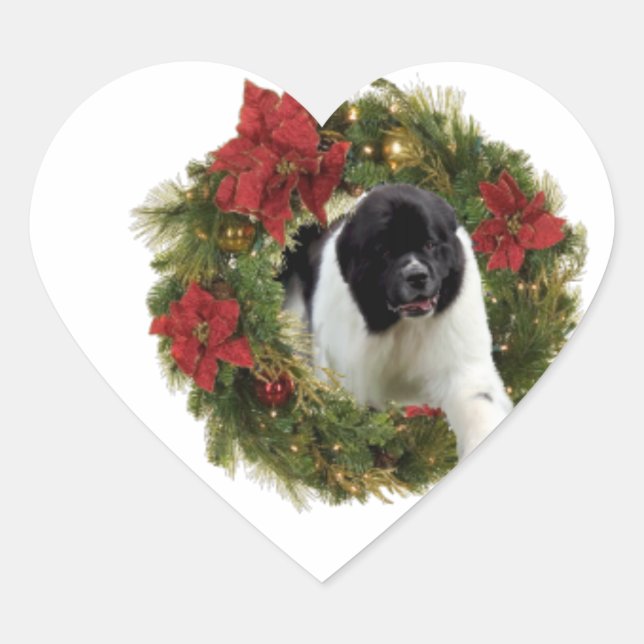 Christmas Wreath Newfoundland Dog Wrapping Paper Heart Sticker (Front)