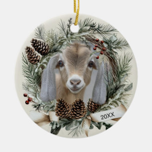 Christmas Wreath Nubian Goat Ceramic Ornament
