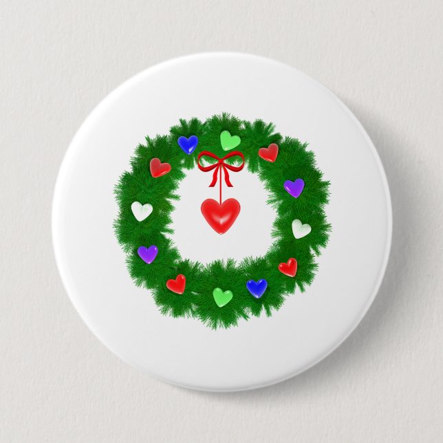 Christmas Wreath of Hearts Pinback Button (Front)