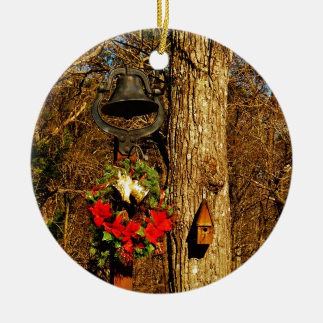 Christmas Wreath Old Bells and Birdhouse Ceramic Ornament (Front)