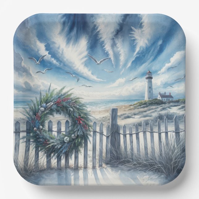 Christmas Wreath On a Beach Fence Paper Plates (Front)