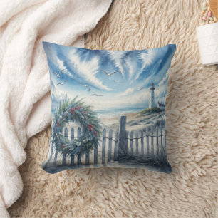Christmas Wreath On a Beach Fence Throw Pillow