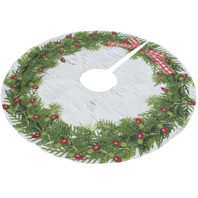 Christmas Wreath on Birch Brushed Polyester Tree Skirt (Angled)