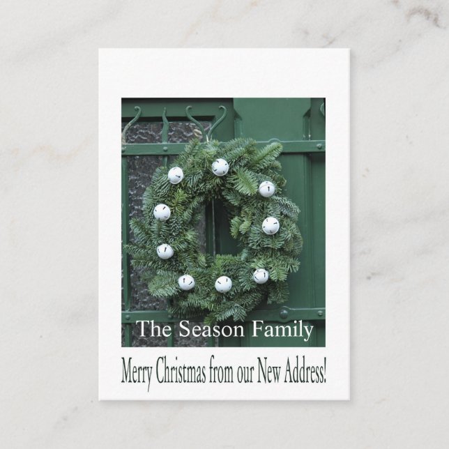Christmas wreath on door new address enclosure card (Front)
