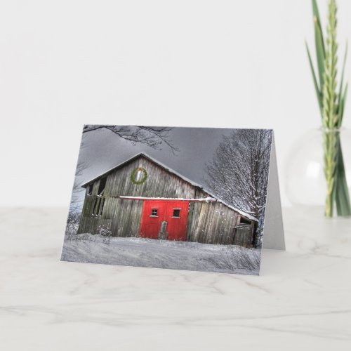 Christmas wreath on old barn with red door card