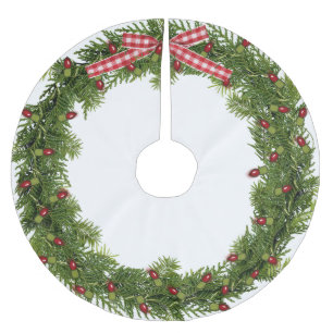 Christmas Wreath on White Brushed Polyester Tree Skirt