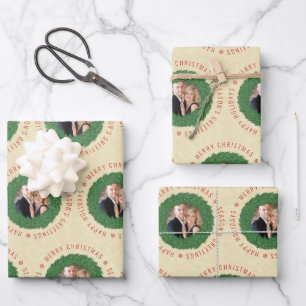 Christmas Wreath Pattern Personalized Photo Wrapping Paper Sheets