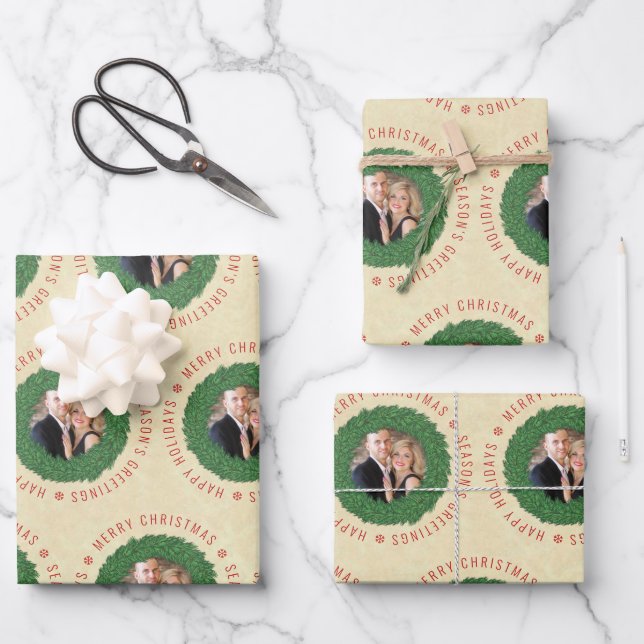 Christmas Wreath Pattern Personalized Photo Wrapping Paper Sheets (Front)