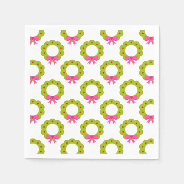Christmas Wreath Pattern – Pink Bow Holiday Design Napkins (Front)