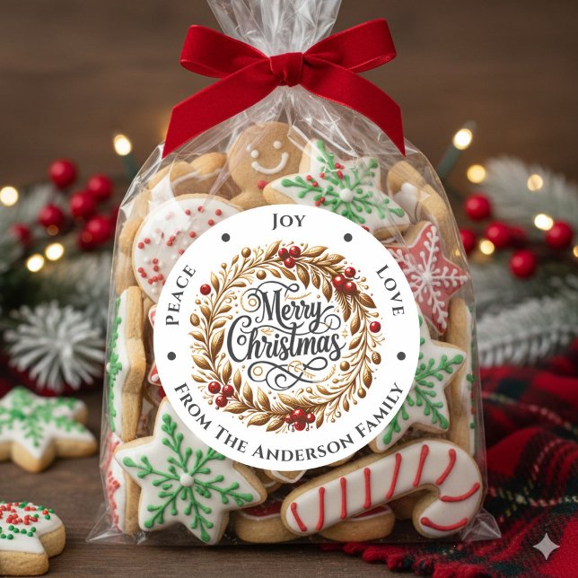Christmas Wreath Peace Joy Love Classic Round Sticker (Creator Uploaded)