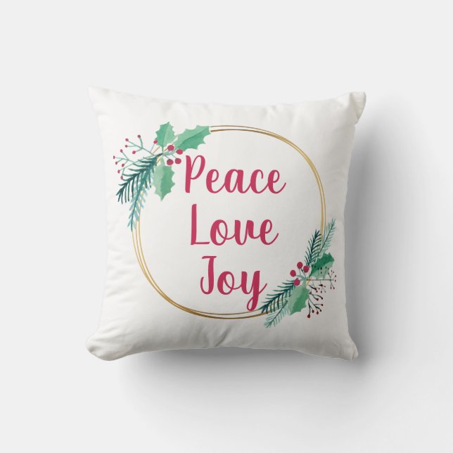 Christmas Wreath Peace Love and Joy Modern Throw Pillow (Front)